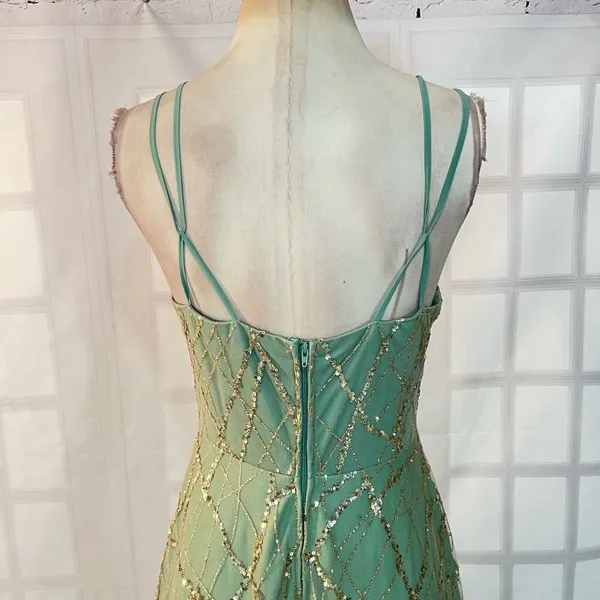TLC Say Yes to the Prom Green Gold Sequin Glitter Sleeveless Ball Gown Size 9 - Image 6