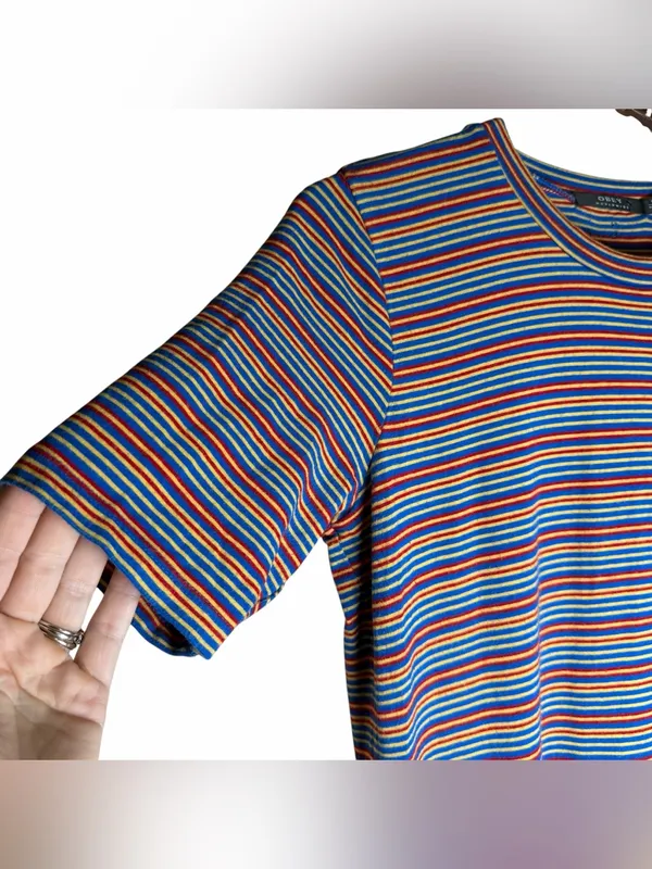 Obey Worldwide Striped Midi Shirt Dress Blue Red Yellow Logo Tee Dress Sz Small - Image 3