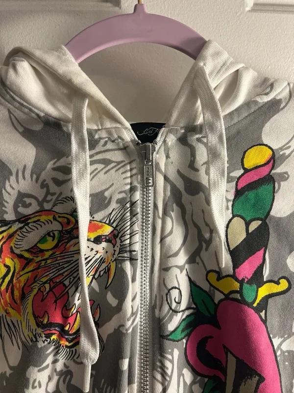 Ed Hardy Women's White Zip-Up Hoodie with Tiger and Dragon Graphic - Image 3