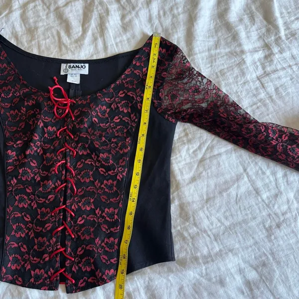 Vintage Banjo Black Red Lace Corset Long Sleeve Western Whimsygoth Blouse Medium - Image 8