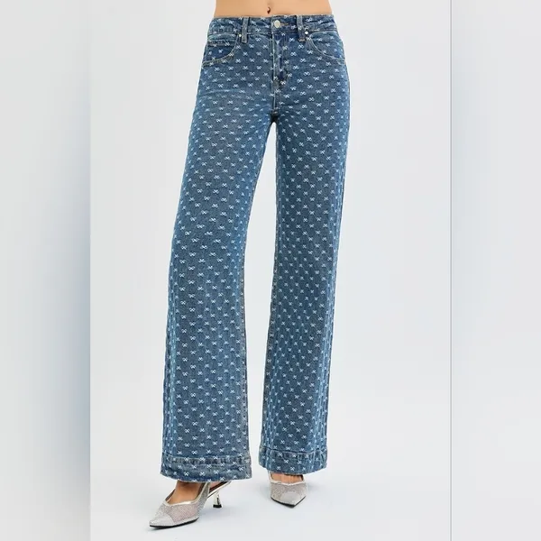 Wide Leg Blue Patterned Jeans - Women's Flare & Wide Leg - Image 7