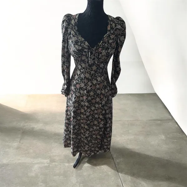 Astr Black Floral Midi Dress with Puff Sleeves size S - Image 2
