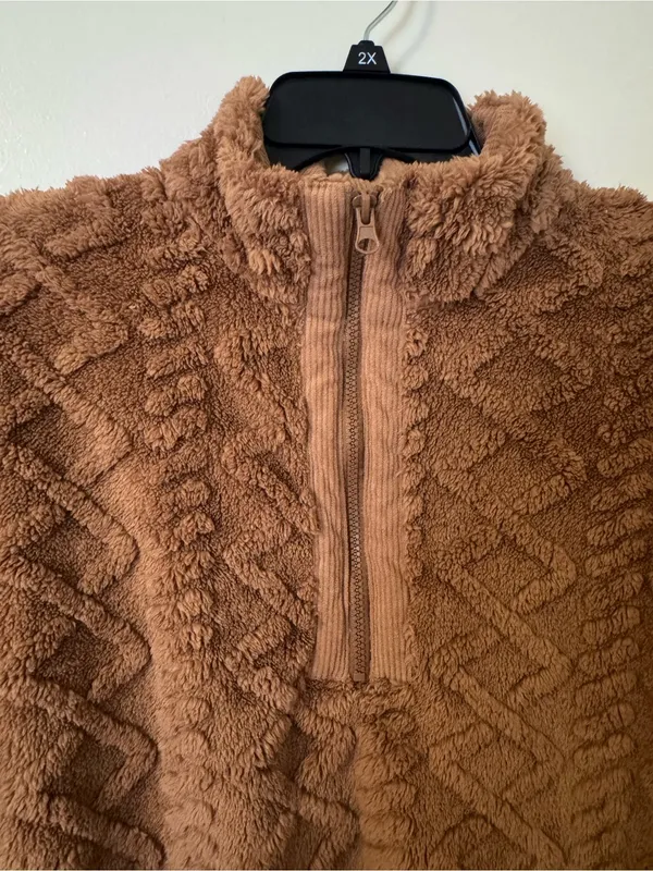 Kate Park Brown Cable Diamond Pattern Teddy Sherpa Fleece Quarter-Zip Pullover M - Image 4