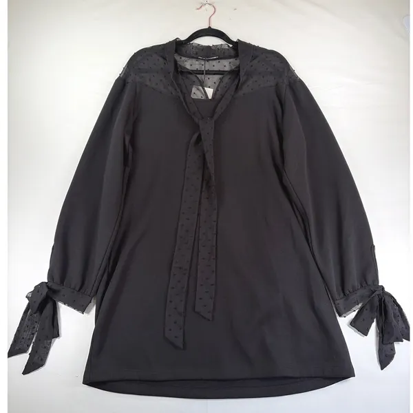 Zara Black Swiss Dot Mesh Tie Neck Mini Dress Long Sleeve Large Parisian Chic - Image 3