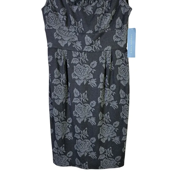 NWT London Times Floral Ruffle Sheath Dress Womens 8 Black Knit Modest Church - Image 4