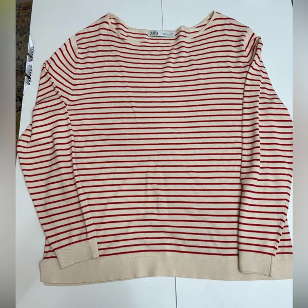 Zara women's viscose ecru and red striped long sleeve knit sweater size L - Image 7