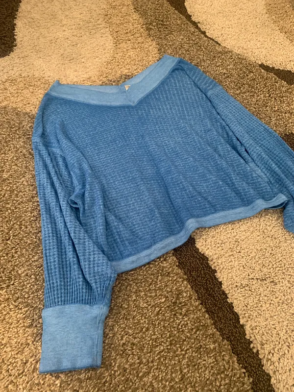Free People Size XS, Blue Waffle Sweater Top - Image 3