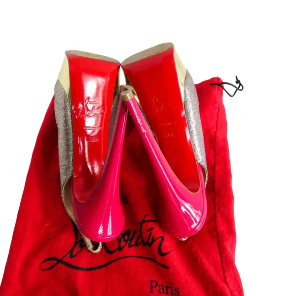 Christian Louboutin Lady Peep Slingback Glitter Pumps Platine Gold Pink Red 36.5 - Image 8