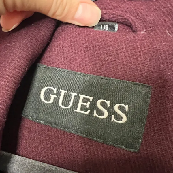 GUESS Walder Large Burgundy Wool Blend Peacoat Trench Coat Gold Buttons - Image 3
