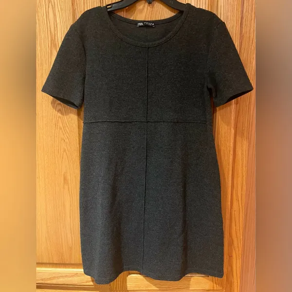 ZARA Dark Gray Short‎ Sleeve Crewneck Cotton Blend Soft Mini Dress Size Small - Image 10