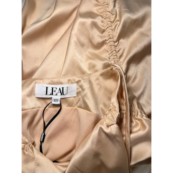 LEAU Champagne Satin Bodycon Mini Dress Ruched Drawstring Adjustable Tie XS - Image 7