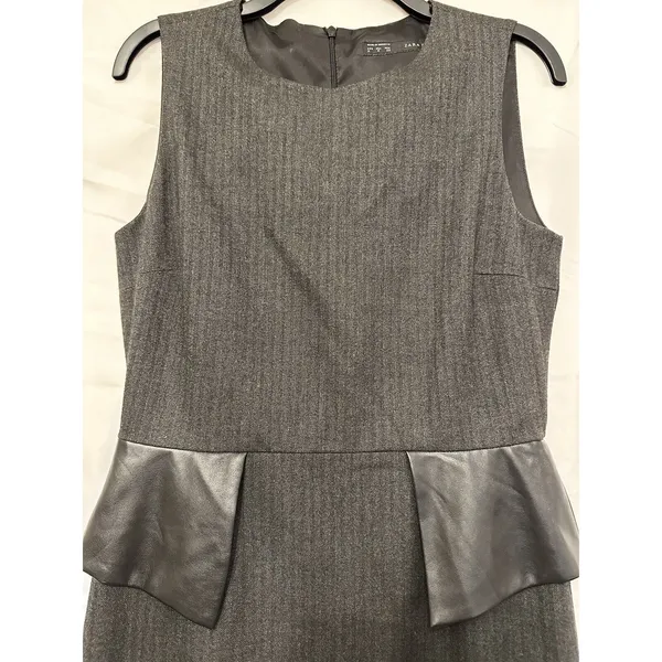 Zara Grey Black‎ Pinstripe Leather Panel Peplum Office Professional Dress Medium - Image 2