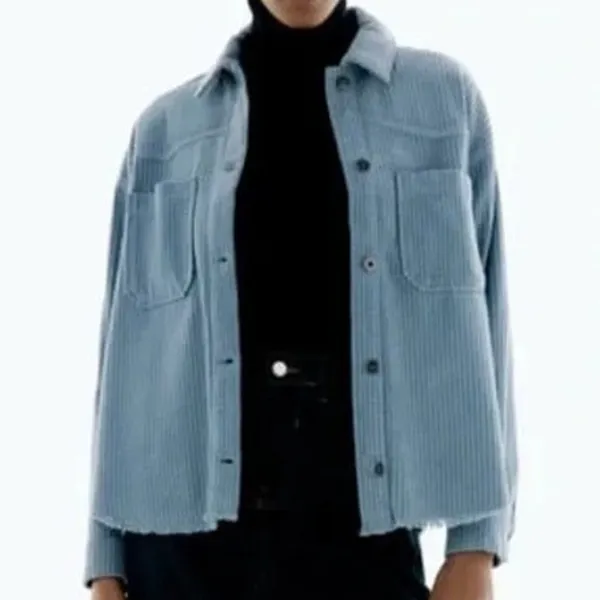Zara Oversized Long Sleeve Corduroy Shacket Raw Hem Button Down Jacket M Blue - Image 11