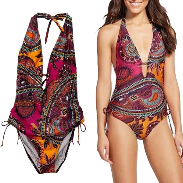Cleanwater Paisley Plunge One Piece Swimsuit Size XL Boho Monokini Open Back - Image 2