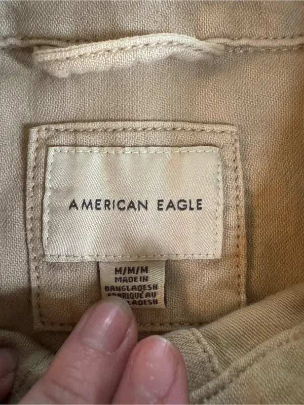 American Eagle Medium Cropped Button Down Oversized Jacket Tan Cut off Raw Edge - Image 2