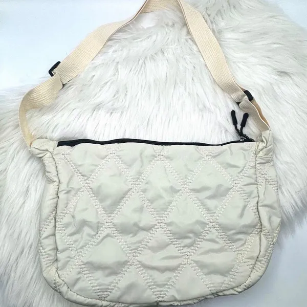 Quilted Nylon Crossbody Hobo Bag in Cream - Image 4