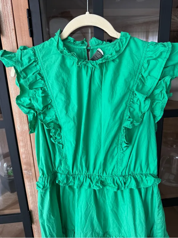 Kelly green masters ruffle mini dress short sleeve tiered high neck collar - Image 2