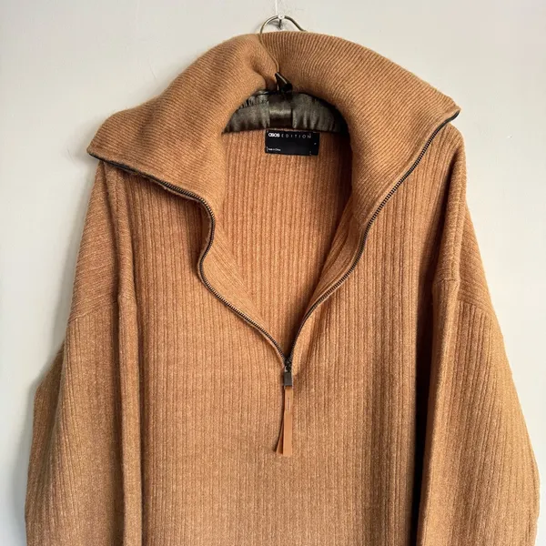 ASOS EDITION‎ Rib Knit Half Zip Oversized Turtleneck Collar Sweater Camel Size S - Image 4