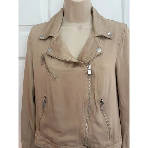 Elie Tahari Moto Jacket Beige Stretch Zip Cropped Womens S Biker Luxury - Image 3