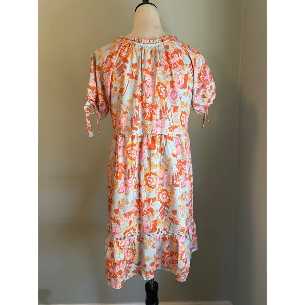 Boho Floral TasselTie Mini Dress Orange Pink Blue Retro boho cottage fairy M NEW - Image 5
