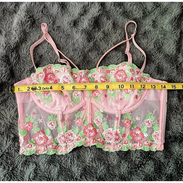 Fairycore Coquette Pink Green Floral Embroidered Corset Top Finesse Olivia M - Image 11