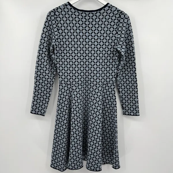 Boden‎ Size 4R Glamorous Metallic Knit Dress Blue Geometric Print Long Sleeves - Image 6