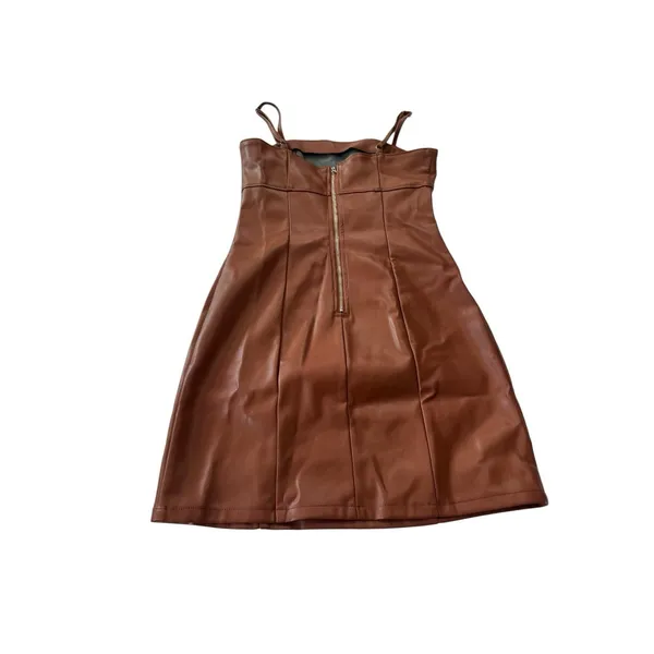 Kurious Los Angeles Brown Faux Leather Square Neck Strappy Back Mini Dress S - Image 7