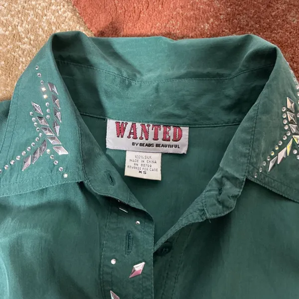 Wanted by Beads Westerncore Womens XS‎ 100% Silk Studded Western Blouse - Image 5