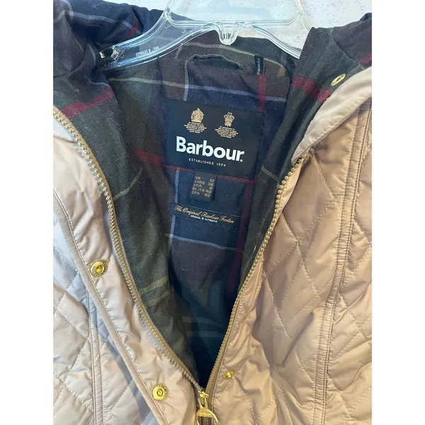 Barbour Millfire Quilt Jacket Tan Beige Hooded Tartan Lining LQU0665‎ Womens 8 - Image 3