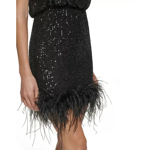 Eliza J Sequined Feather Hem Mini Dress Party Glam Mockneck Cocktail US 8 NWT - Image 3