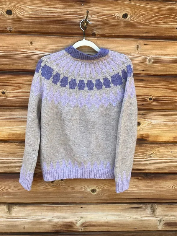 Women’s Tan Purple Size M Soft Fair Isle Pullover High Neck Knit Sweater - Image 7