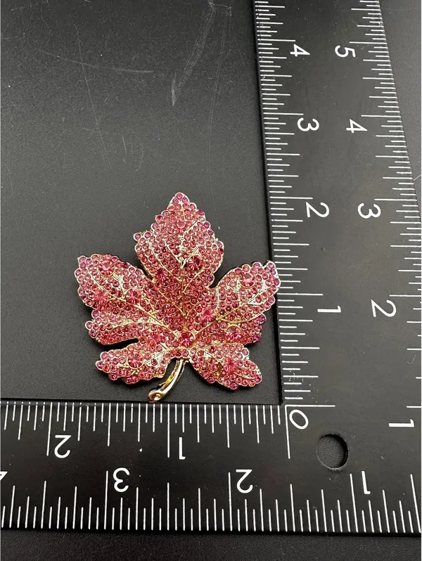 Autumnal Crystal Maple Leaf Brooch Pin Pink - Image 3