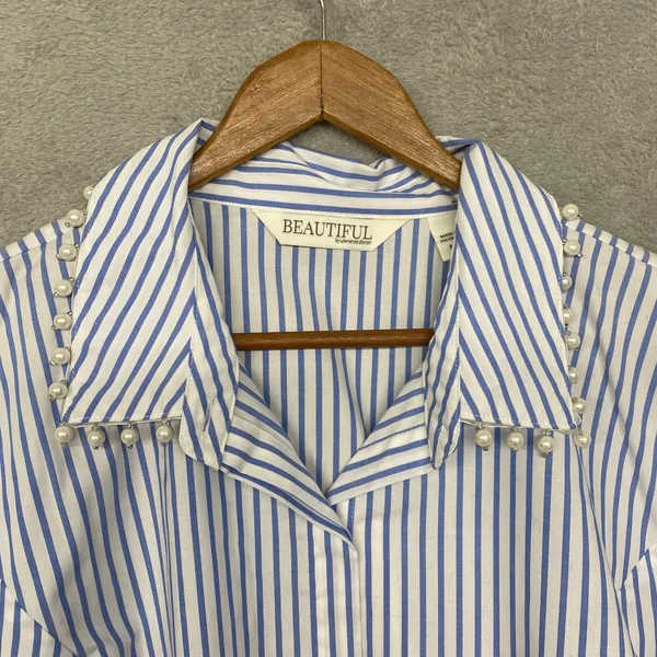 BEAUTIFUL by Lawrence Zarian Shirt Womens Medium Blue Stripe Pearl Button Top - Image 9