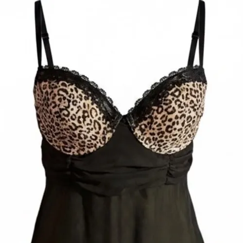 VTG Inner Secrets Leopard Print Babydoll Lingerie Dress Lace Trim Black Chiffon - Image 4