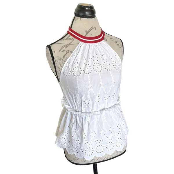 Zara Basic Denim Top Tank XS White Crochet Eyelet Bohemian Boho Chic Cottage - Image 4