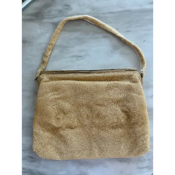 Le Goût du Jour Gold Beaded Swirl Rhinestone Filigree 50s Wrist Bag - Image 6