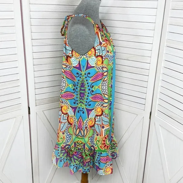 Jade‎ Melody Tam Multi Floral Print Ruffle Hem Tunic Halter Dress Medium - Image 3