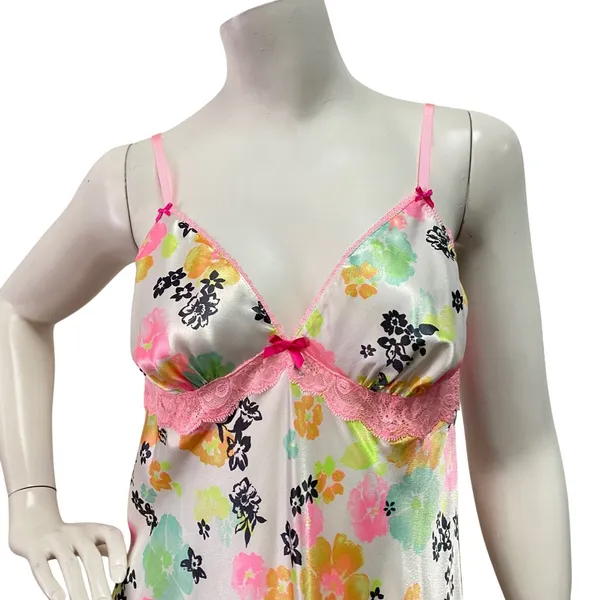 Victoria Secret M Floral Satin Lace Trim Slip Dress Lingerie Babydoll Cottage‎ - Image 2