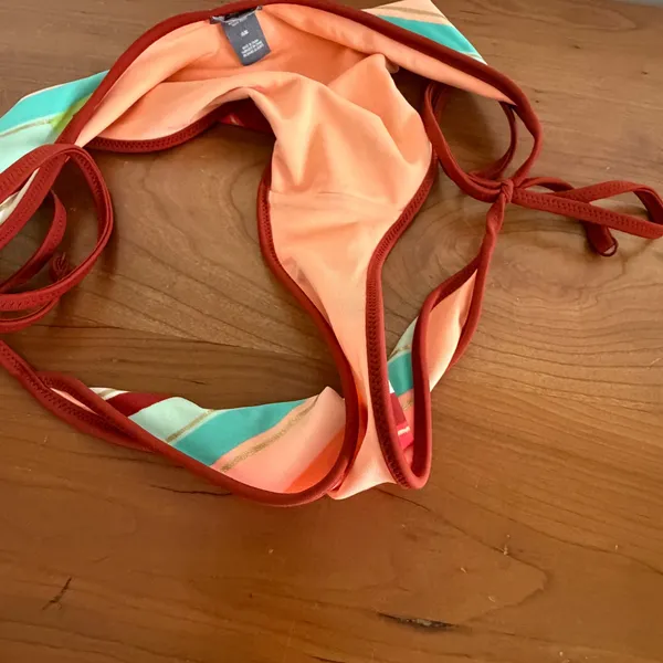 Aerie Bikini Set Rust Orange High Neck Crochet Top M Striped Side Tie Bottoms L - Image 4
