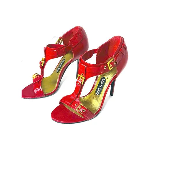 Tom Ford Red Leather Buckle T Strap High Heel Sandals EU 37.5 - Image 8