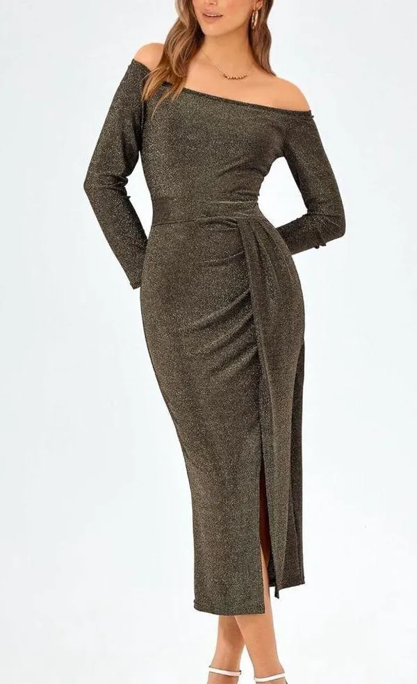 NEW Off Shoulder Bodycon Long Sleeve Ruched Slit Glitter Cocktail Dress XL - Image 5