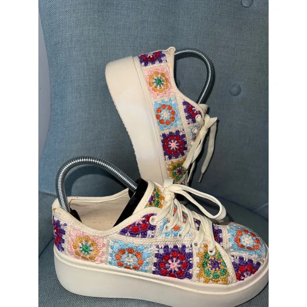 DL 1990 Crochet Granny Square Platform Sneakers Multicolor Boho Shoes Womens 7.5 - Image 4