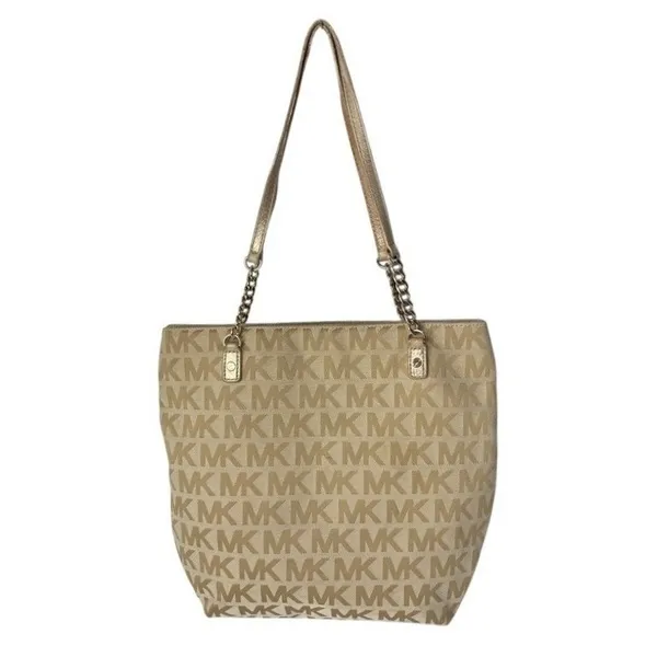 Michael Kors Double‎ Strap Jet Set Monogram Tan Chain Tote Handbag - Image 2