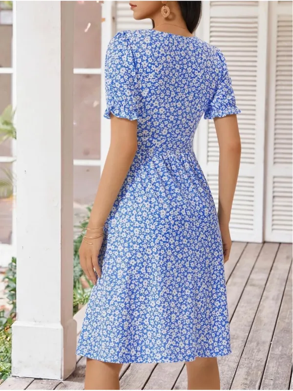 NEW Square Neck Dress Floral Puff Sleeve A Line Midi Dress Pockets S - Image 2