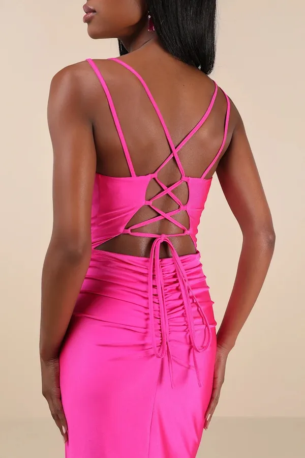 Jadine Hot Pink Slinky Knit Ruched Lace-Up Mermaid Maxi Dress - Image 3