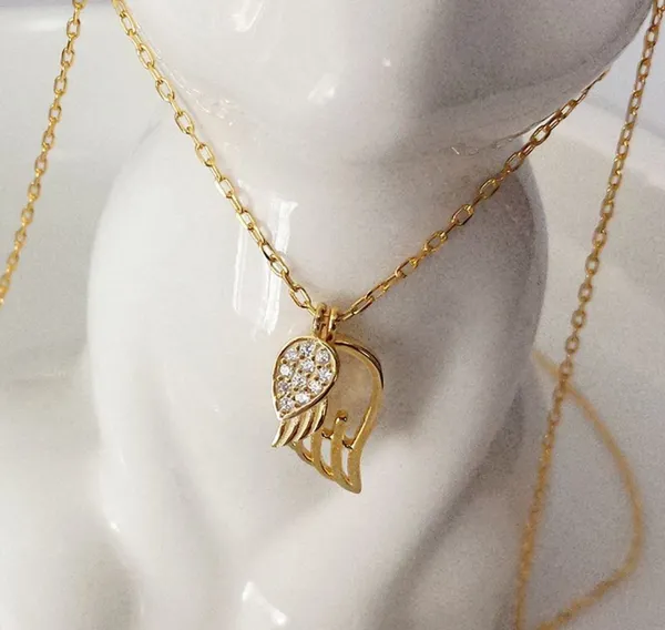 18k Gold Plated 925 Sterling Silver Necklace Angel Wings Double Pendants - Image 2