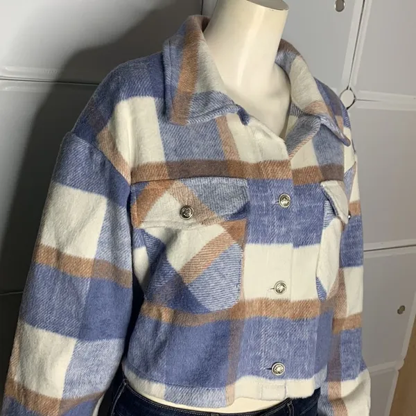 Plaid Print Drop Shoulder Crop Overcoat Size Large Blue - Image 4