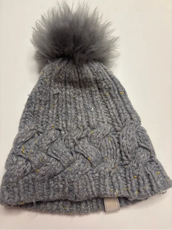 UGG Australia Women's Gray Cable Knit Beanie Hat Faux Fur Pom-Pom Wool Blend - Image 2