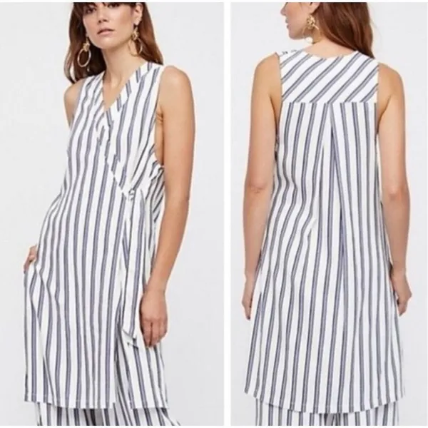 Free People Tuxedo Stripe Wrap Dress Sleeveless‎ Blue Side Slit Size XS - Image 2