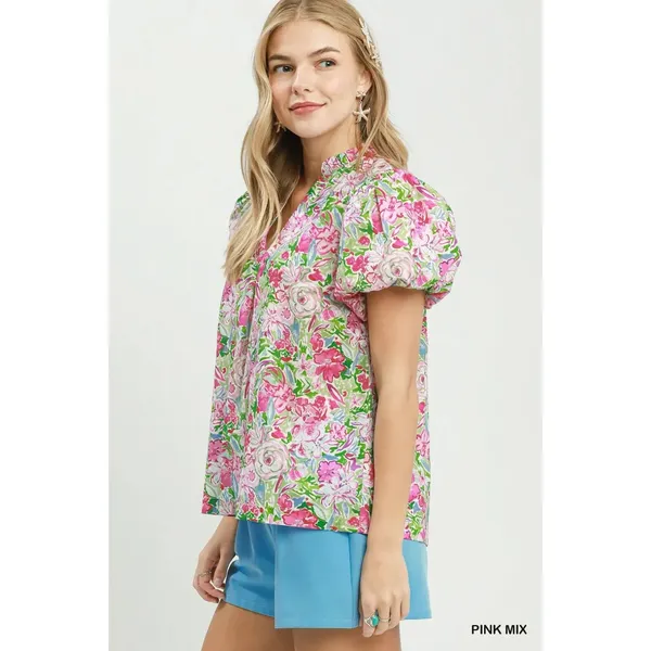 Umgee‎ Floral Puff Sleeve Blouse - Pink mix - Medium - Image 2